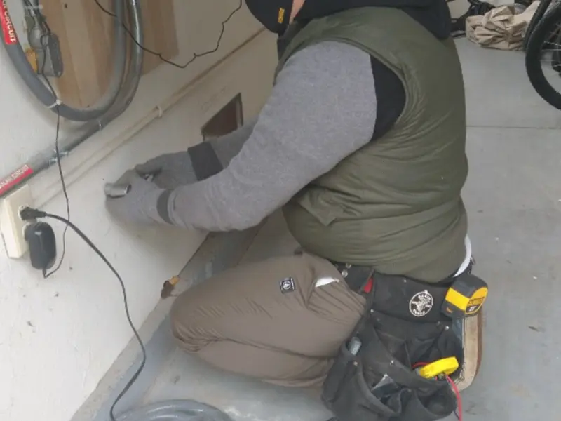 Electrician performing outlet wiring in a Boscobel garage